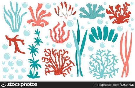 Set of underwater bright color coralss. Reef nature marine elements. Aquatic vector illustration. Set of underwater color coral icons. Reef nature marine, aquatic vector illustration