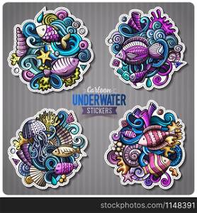 Set of underwater life cartoon stickers. Vector doodle objects and symbols collection. Label design elements. Cute patches, pins, badges series. Comic style.. Set of underwater life cartoon stickers