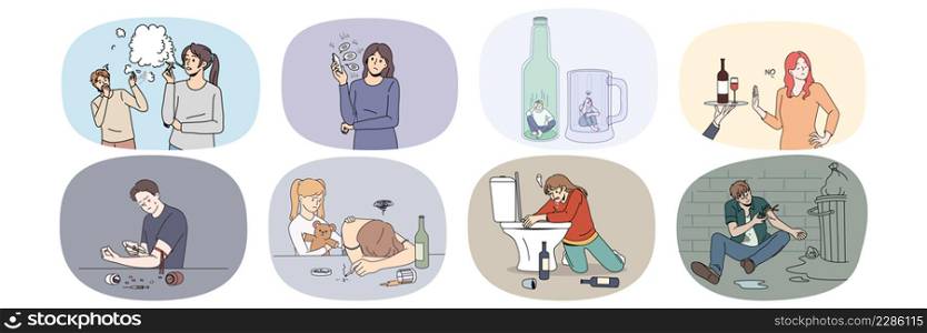 Set of unhappy diverse people suffering from addictions. Collection of men and women struggling with drug and alcohol addictive behavior. Healthcare and bad habits. Vector illustration. . Collection of people struggling with addictions