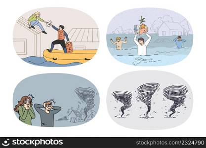 Set of unhappy frustrated people feel scared on natural disaster flooding or typhoon. Collection of confused men and women rescue from homes suffer from catastrophe. Vector illustration.. Set of unhappy people scared of natural disaster