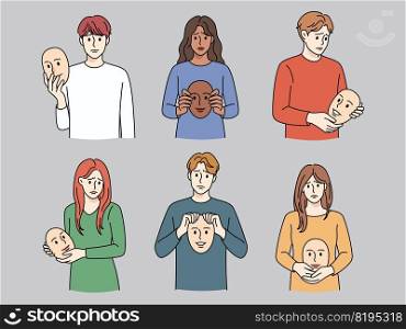 Set of unhappy people holding smiling masks in hands suffer from depression or mental problems. Sad men and women struggle with personality disorder. Vector illustration.. Unhappy people holding smiling masks in hands