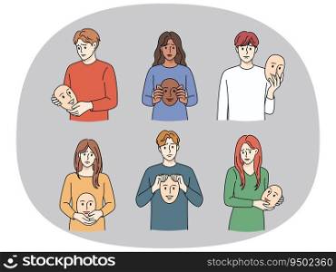 Set of unhappy people holding smiling masks in hands suffer from depression or mental problems. Sad men and women struggle with personality disorder. Vector illustration.. Unhappy people holding smiling masks in hands