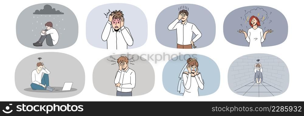Set of unhappy people suffer from mental or emotional breakdown. Collection of man and woman feel stressed frustrated, have depression or anxiety. Health problem. Vector illustration. . Set of upset people suffer from emotional breakdown