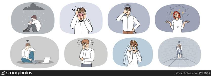 Set of unhappy people suffer from mental or emotional breakdown. Collection of man and woman feel stressed frustrated, have depression or anxiety. Health problem. Vector illustration. . Set of upset people suffer from emotional breakdown