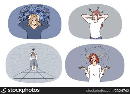 Set of unhappy stressed women feel despair suffer from depression or mental breakdown. Collection of sad distressed girls have panic attack struggle with psychological problems. Vector.. Set of stressed women suffer from mental breakdown