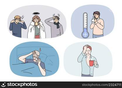 Set of unhealthy people cough and sneeze suffer from influenza or covid-19. Collection of sick unwell men and women struggle with corona virus. Healthcare and medicine. Vector illustration.. Set of sick people suffer from fever or flu