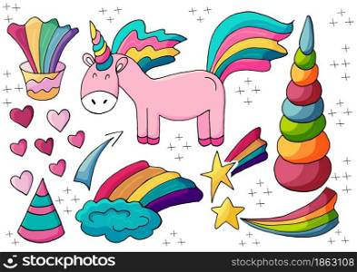 Set of unicorn design elements in hand draw style. Girly fairy collection. Unicorn, horn, rainbow, heart. Unicorn icons, cartoon style. Sign, sticker. Set of unicorn design elements in hand draw style. Girly fairy collection
