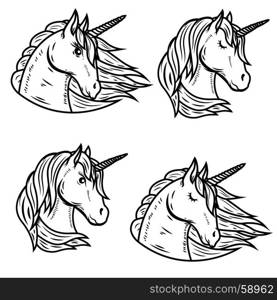 Set of unicorn heads isolated on white background. Vector illustration