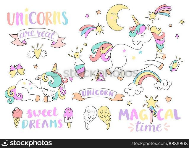 Set of unicorns and other fairy tales elements.. Set of unicorns and different fairy tales elements with some lettering. Vector illustration.