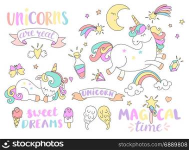Set of unicorns and other fairy tales elements.. Set of unicorns and different fairy tales elements with some lettering. Vector illustration.