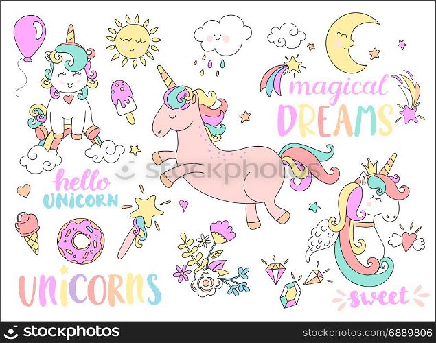 Set of unicorns and other fairy tales stickers.. Vector set with stickers, pins, patches and some lettering in cartoon 80s-90s comic style.