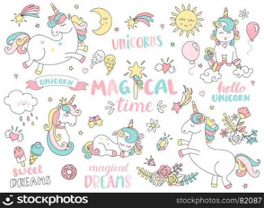 Set of unicorns and other magic elements.. Set of unicorns and different magic elements with some lettering. Vector illustration.