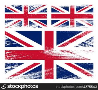 set of United Kingdom of Great Britain flag chalk scratch paint grunge textures on white background. Texture of old poster back with Britain flag. Vector