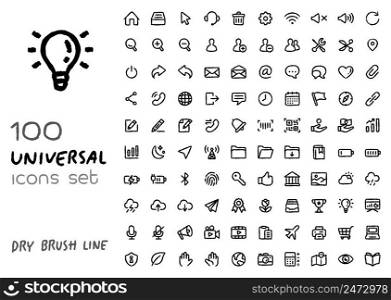 set of universal icons for web application, user interface and mobile app. dry brush sketch minimalist style.