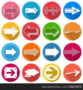 Set of unusual flat colorful arrow icons with long shadow
