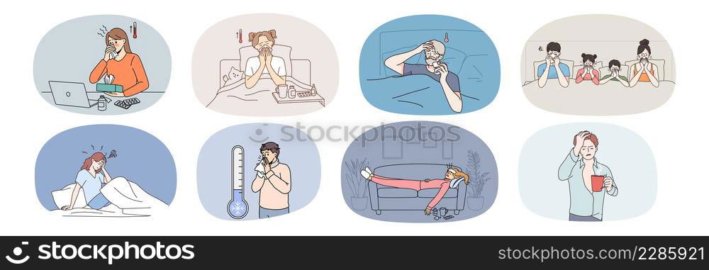 Set of unwell sick people stay at home struggle with covid-19 symptoms. Collection of unhealthy humans feel ill suffer from corona virus or flu. Healthcare and medicine. Vector illustration. . Set of unhealthy people feel sick suffer from fever