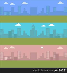 Set of Urban Cityscape. Silhouettes of Buildings.. Set of urban cityscape with blue sky and white clouds. Silhouettes of buildings. Office buildings, building scenery, clock tower, urban landscape, urban background, city panorama vector illustration
