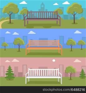 Set of Urban Cityscape with Bench in Park. Set of Urban cityscape with park, bench, trees, shrubs, blue sky and white clouds. Silhouettes of buildings. Office buildings, building scenery, urban landscape, urban background, city panorama