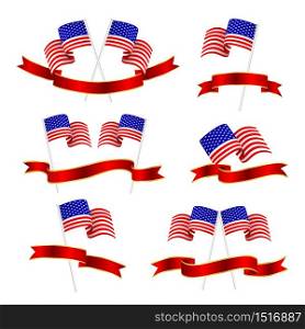 Set of USA flag with ribbon. Logo, Greeting card and poster Design. Happy independence day. Illustration isolated on white background.