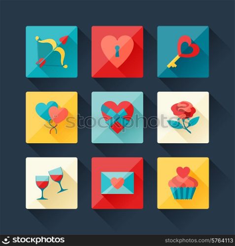 Set of Valentine&#39;s and Wedding icons in flat design style.