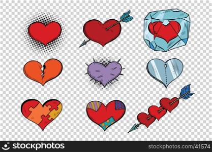 set of Valentine hearts on a transparent background. Pop art retro illustration. Different textures characters. set of Valentine hearts on a transparent background