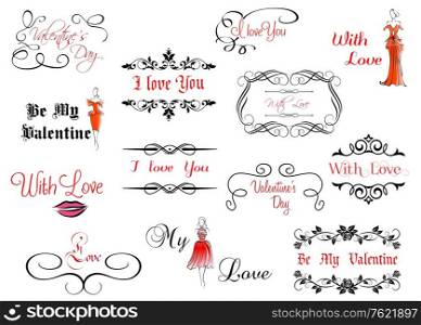 Set of Valentine&rsquo;s calligraphic headlines with design elements