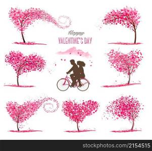 Set of Valentine&rsquo;s Day symbols and icons. Heart shaped trees with heart-shaped leaves, couple in love on a bicycle and pink clouds. Vector