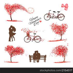 Set of Valentine&rsquo;s Day symbols and icons. Heart shaped tree, couple in love on a bench, bicycle with a red ballons and tree with heart-shaped leaves. Vector