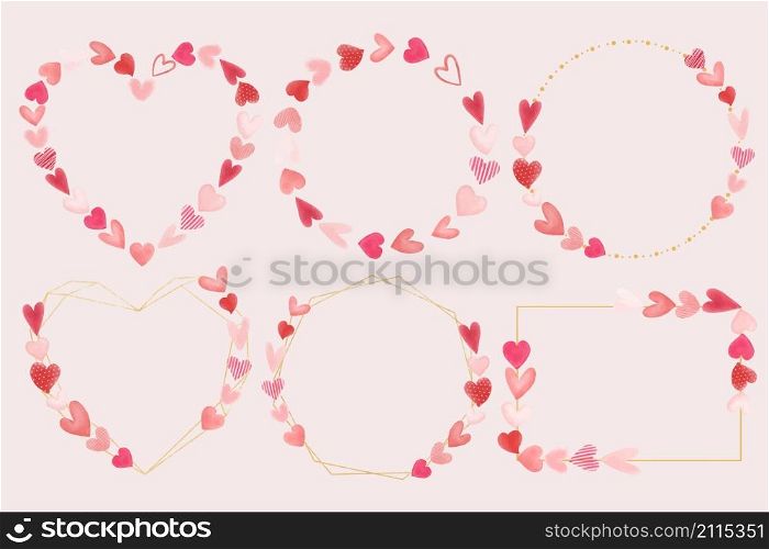 Set of valentine's day wreaths in watercolor style