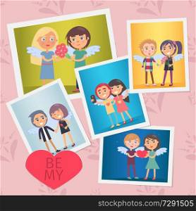 Set of valentines day cards vector illustration with happy people holding hands making photo giving flowers, red hearts cute wings, colorful backdrops. Set of Valentines Day Cards Vector Illustration