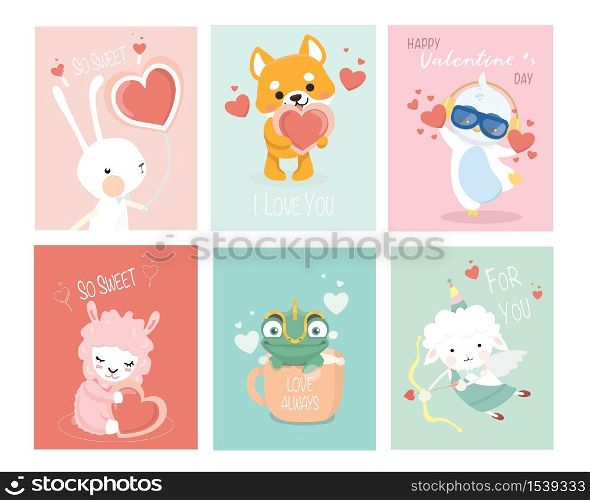 Set of Valentines day cards with cute funny animals.Concept for children print.. Set of Valentines day cards with cute funny animals.