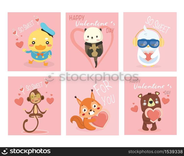 Set of Valentines day cards with cute funny animals.Concept for children print.. Set of Valentines day cards with cute funny animals.