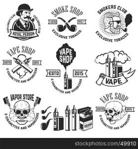 Set of vape shop emblem templates. Smoke shop. Design elements for logo, label, badge, sign. Vector illustration