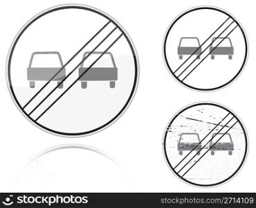 Set of variants a End of no passing - road sign isolated on white background. Group of as fish-eye, simple and grunge icons for your design. Vector illustration.