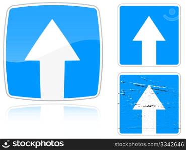 Set of variants a Road with one-way traffic - road sign isolated on white background. Group of as fish-eye, simple and grunge icons for your design. Vector illustration.