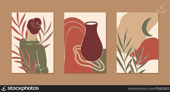 Set of various abstract vertical background for mobile app and social media content with women portrait, plant and abstract shape in modern earth color, minimalistic style. Vector illustration