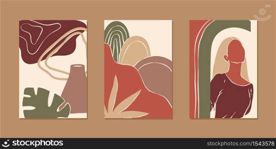 Set of various abstract vertical background for mobile app and social media content with women portrait, plant and abstract shape in modern style and earth color, minimalistic style. Vector illustration