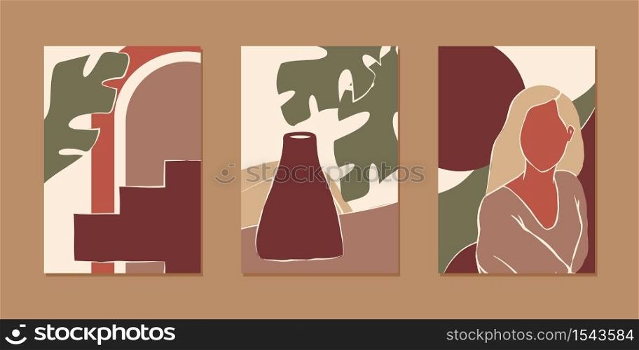 Set of various abstract vertical background for mobile app and social media content with women portrait, plant and abstract shape in modern earth color, minimalistic style. Vector illustration