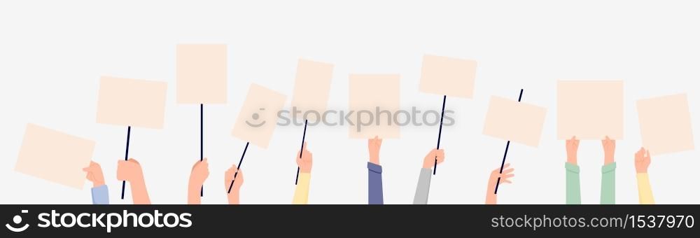 Set of various cartoon human hands protest hold empty banner template isolated on white. Collection of people arms holding placard announcement board with place for text vector flat illustration. Set of various cartoon human hands protest hold empty banner template isolated on white