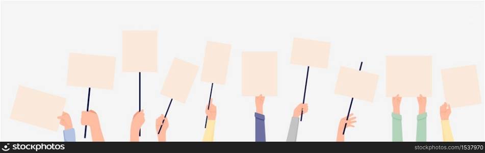 Set of various cartoon human hands protest hold empty banner template isolated on white. Collection of people arms holding placard announcement board with place for text vector flat illustration. Set of various cartoon human hands protest hold empty banner template isolated on white