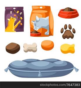 Set of various cat items. Illustration of food and couch.. Set of various cat items.