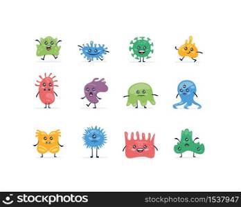Set of various colored cartoon bacterial pathogen cute microbe isolated on white background. Collection of different funny biology microorganism vector flat illustration. Set of various colored cartoon bacterial pathogen cute microbe isolated on white