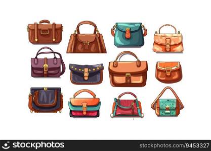 Set of various colorful female bags. Womens handbag. Vector illustration design.