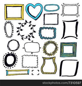 Set of various colorful frames vector illustration with blue yellow and black borders with leaves dots and striped lines isolated on white background. Set of Various Colorful Frames Vector Illustration