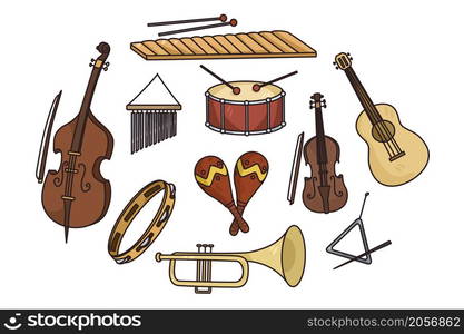 Set of various colorful musical instrument on white background. Collection of music tools used for orchestra or acoustic concert. Musician equipment. Hobby and entertainment. Vector illustration. . Set of various musical instruments for orchestra