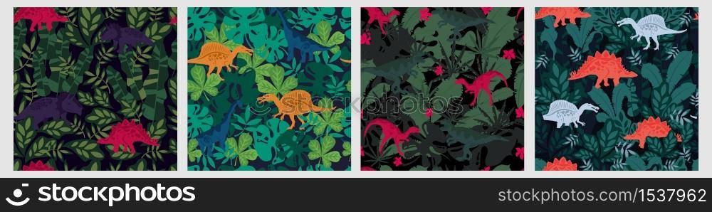 Set of various colorful seamless pattern with dinosaur and tropical leaves plant. Collection of different cute unique animals surrounded by green leaf and herb growing printable background. Set of various colorful seamless pattern with dinosaur and tropical leaves plant