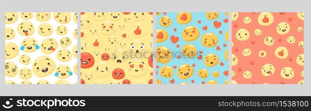 Set of various colorful smiley seamless pattern. Collection of cartoon face with different expression isolated. Bundle of colored funny character facial emotion vector flat illustration. Set of various colorful smiley face with different expression seamless pattern