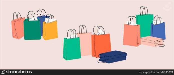 Set of Various Colorful stack paper Shopping or gift bags with various craft paper. Cartoon sacks for purchases, presents. Hand drawn colored flat vector illustration. Shopping, sale concept