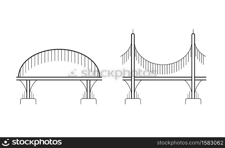Set of various contour bridges on columns. City communications. The intersection of rivers and ravines. Vector object for icons, logos, signs and your design.. Set of various contour bridges on columns. City communications. The intersection of rivers and ravines. Vector object