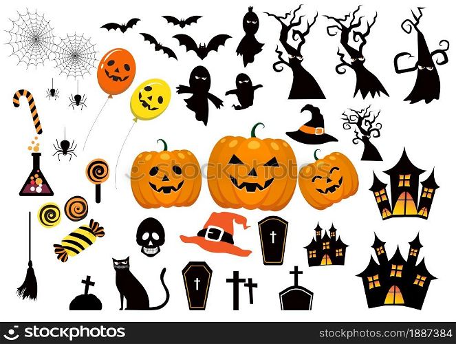 Set of various cute Halloween icons. silhouettes of Halloween on a white background. illustration For web backgrounds, design elements, logos, badges, labels, on a white background. happy the holiday.